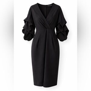 Zara Woman Midi Black Cocktail Dress with Dramatic Sleeves, Size Large